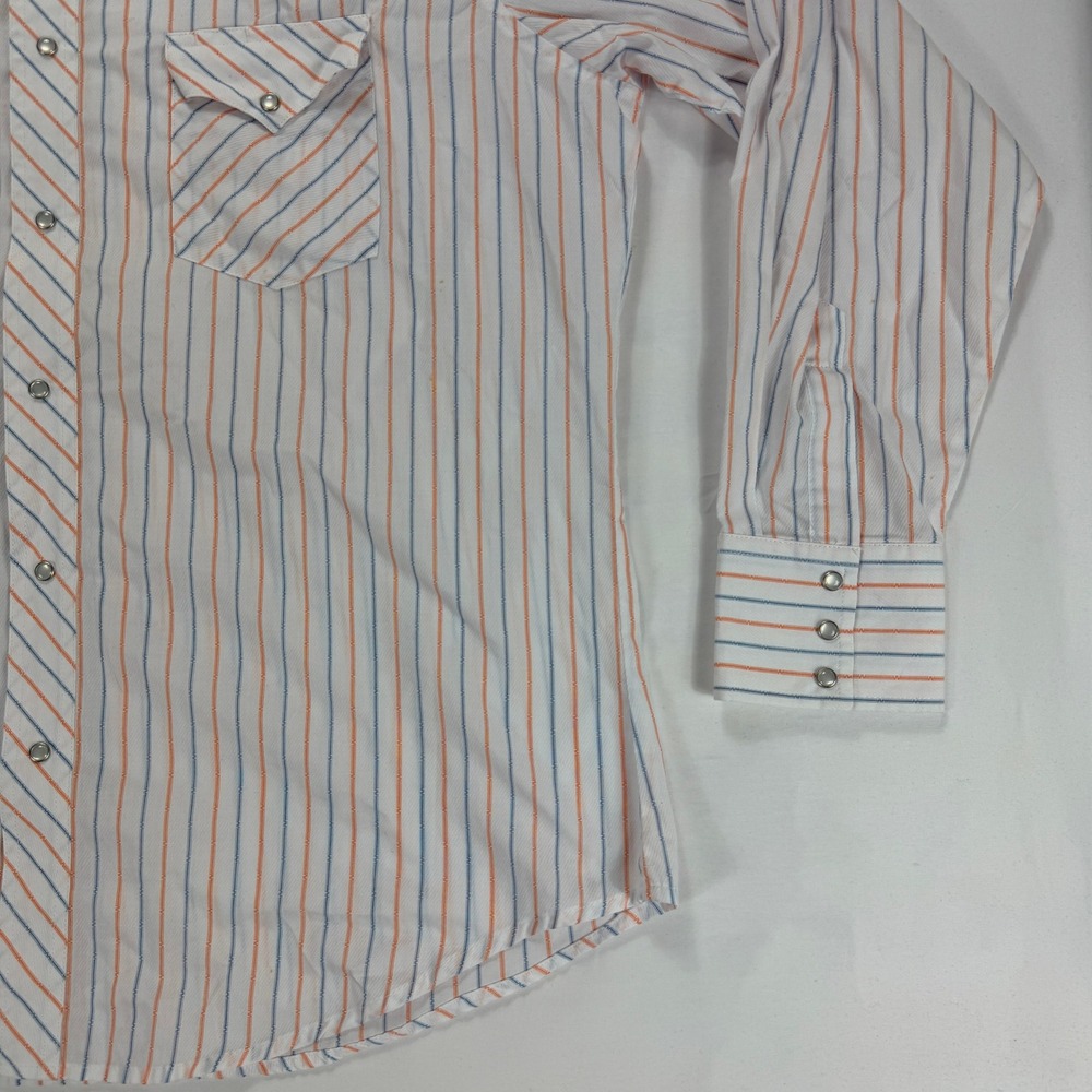 Wrangler Mens Western‎ Shirt XL Long Sleeve White Orange Blue Stripe Snap Button - Picture 6 of 9